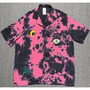 Disney Shirt Mens XL Pink Black Tie-Dye Mickey Mouse Halloween Woven Button Camp